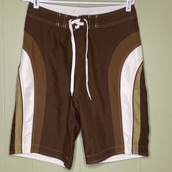 NoBo Color Blocked Brown, Tan and White Long Length Swim Trunks Sz 32 - Picture 13 of 13
